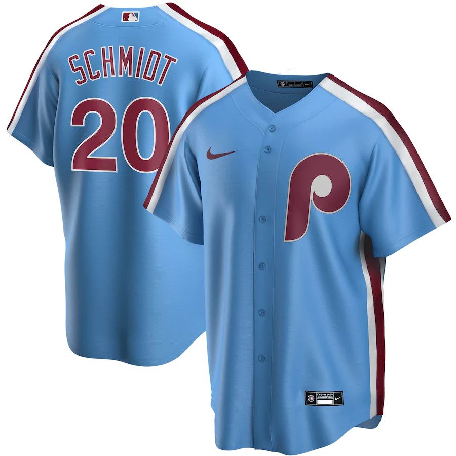 Cheap Mens Philadelphia Phillies 20 Mike Schmidt Nike Light Blue Road Cooperstown Collection Replica Player MLB Jerseys